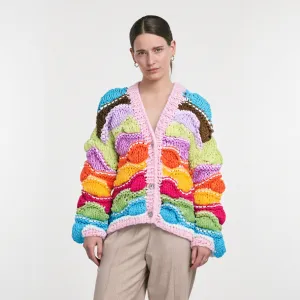 Casual V-neck Long Sleeved Colorful Knitted Sweater Cardigan Women's Elegant Contrast Loose Tops Female Holiday Club Clothing