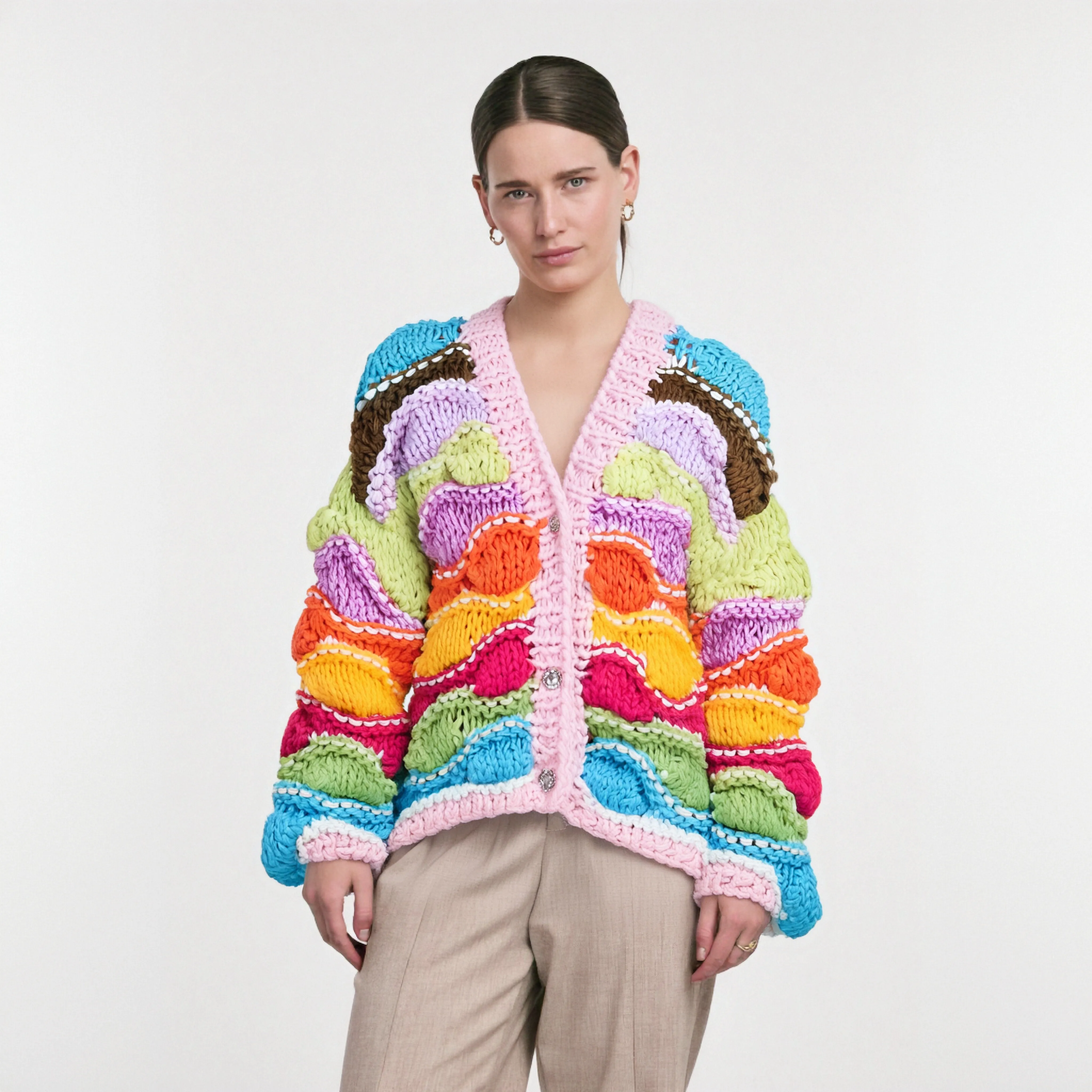 Casual V-neck Long Sleeved Colorful Knitted Sweater Cardigan Women's Elegant Contrast Loose Tops Female Holiday Club Clothing
