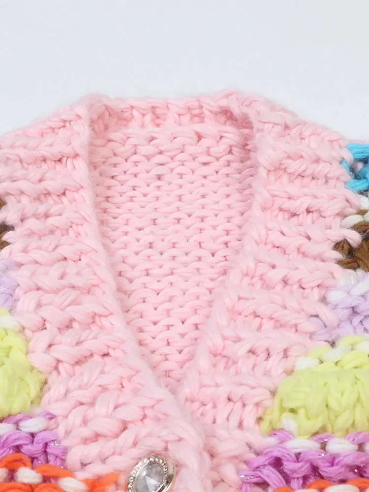 Casual V-neck Long Sleeved Colorful Knitted Sweater Cardigan Women's Elegant Contrast Loose Tops Female Holiday Club Clothing
