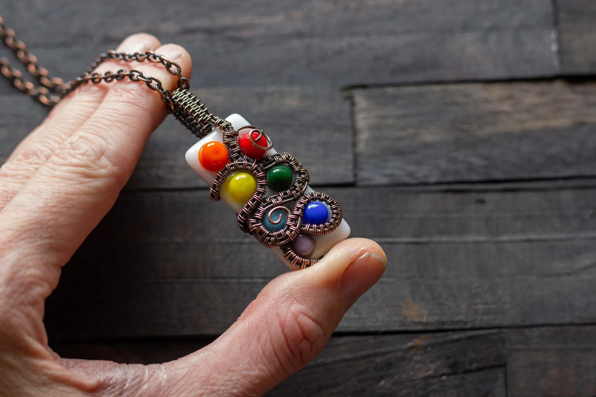 Chakra-Inspired Fused Glass Pendant with Copper Wire Wrapping