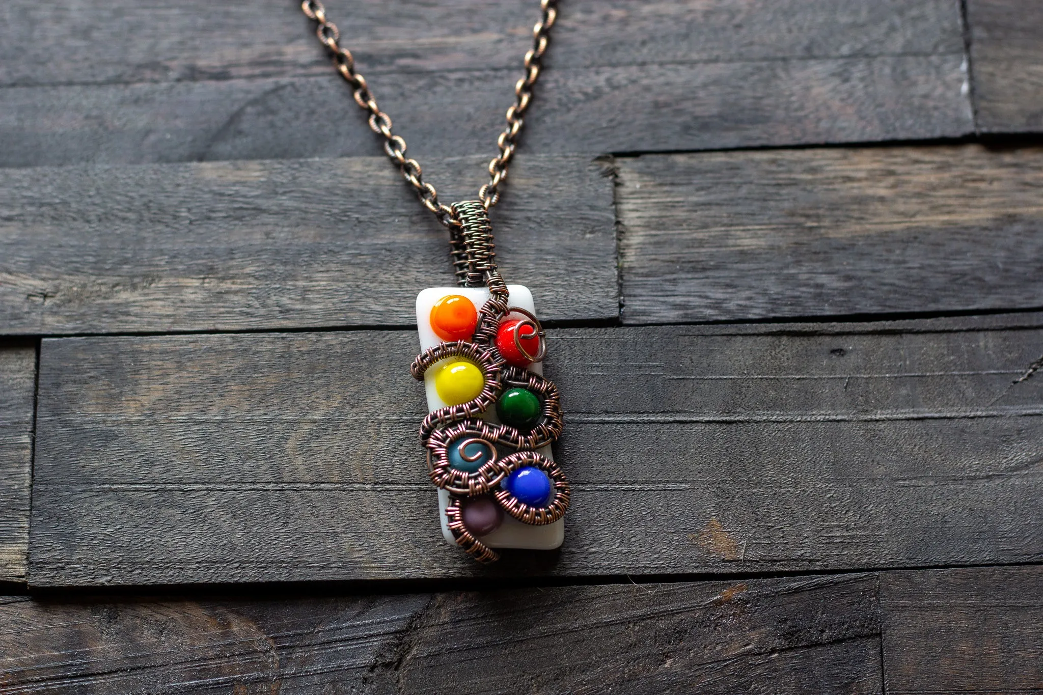 Chakra-Inspired Fused Glass Pendant with Copper Wire Wrapping