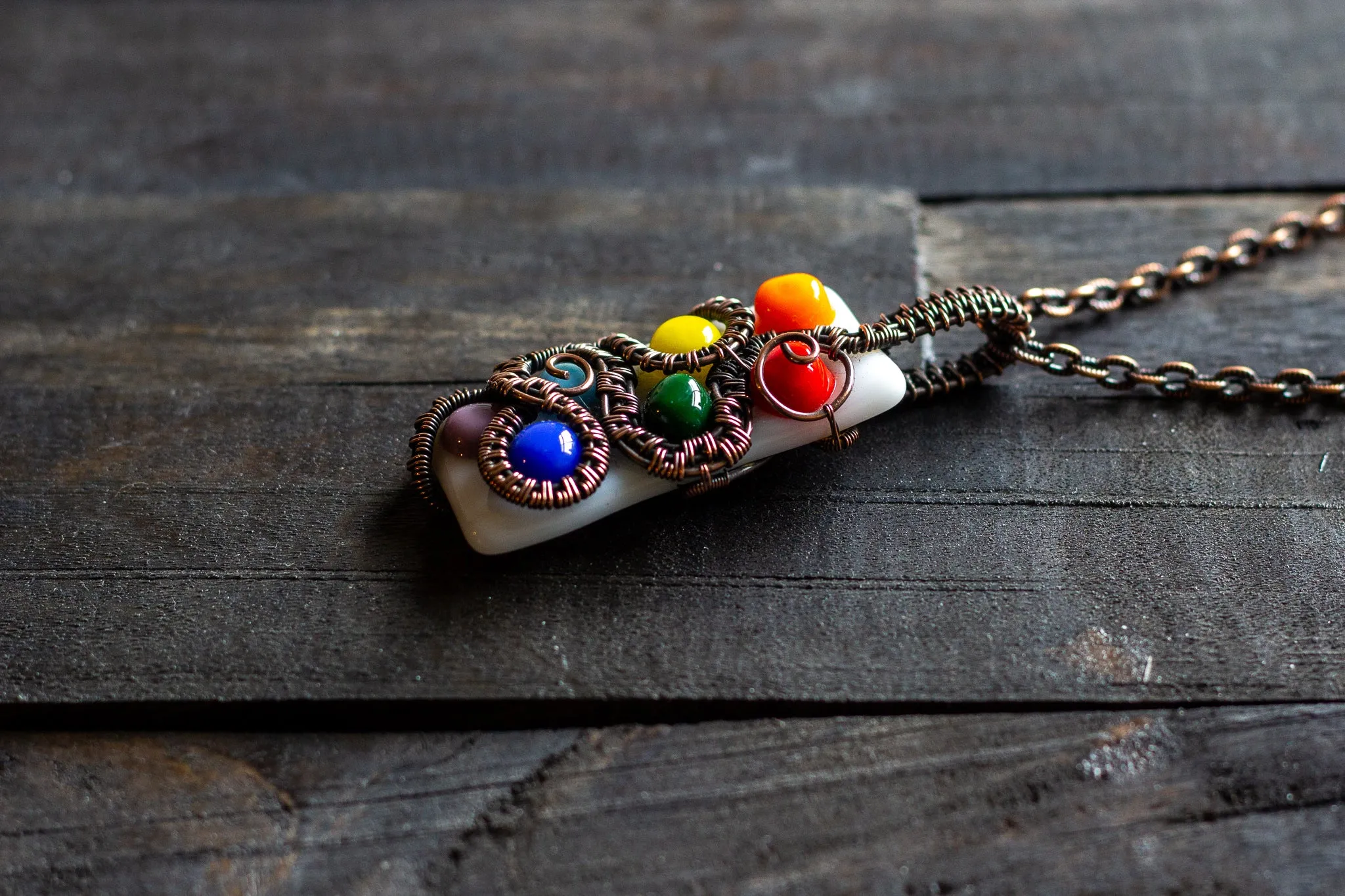 Chakra-Inspired Fused Glass Pendant with Copper Wire Wrapping