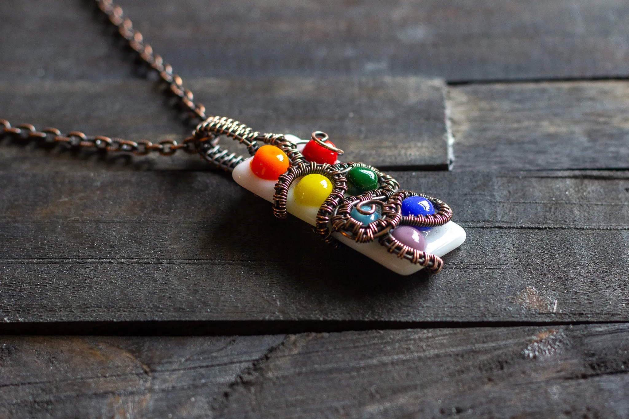 Chakra-Inspired Fused Glass Pendant with Copper Wire Wrapping