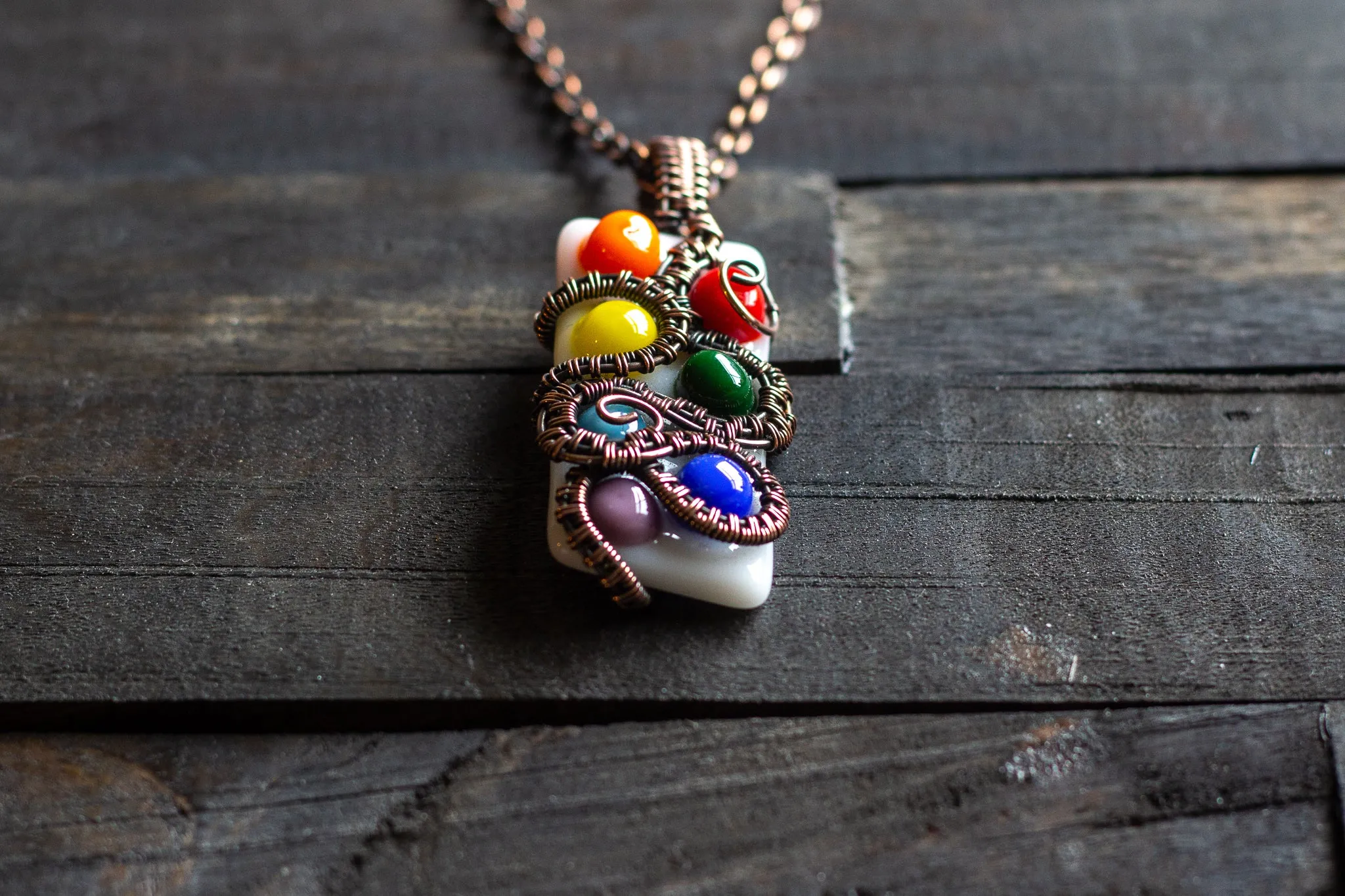 Chakra-Inspired Fused Glass Pendant with Copper Wire Wrapping