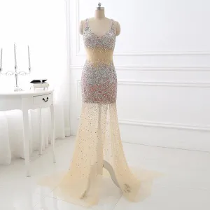 Champagne Rhinestone Open Back Sleeveless Dress