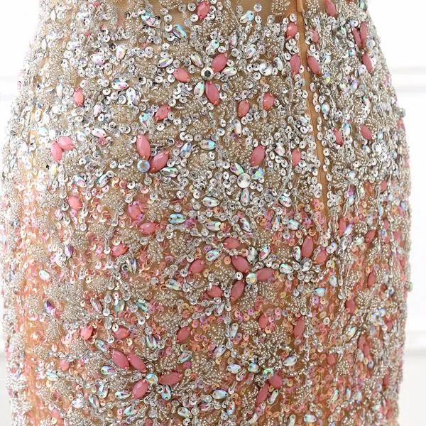 Champagne Rhinestone Open Back Sleeveless Dress