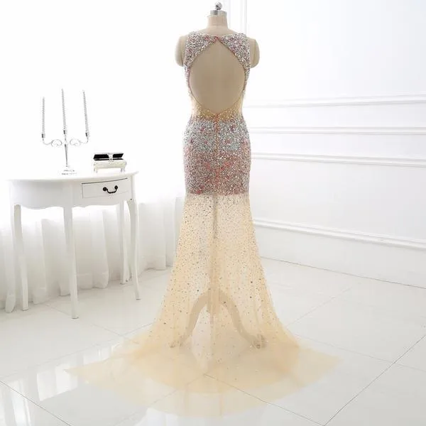 Champagne Rhinestone Open Back Sleeveless Dress