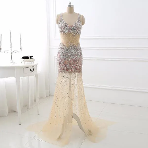 Champagne Rhinestone Open Back Sleeveless Dress