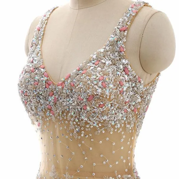 Champagne Rhinestone Open Back Sleeveless Dress