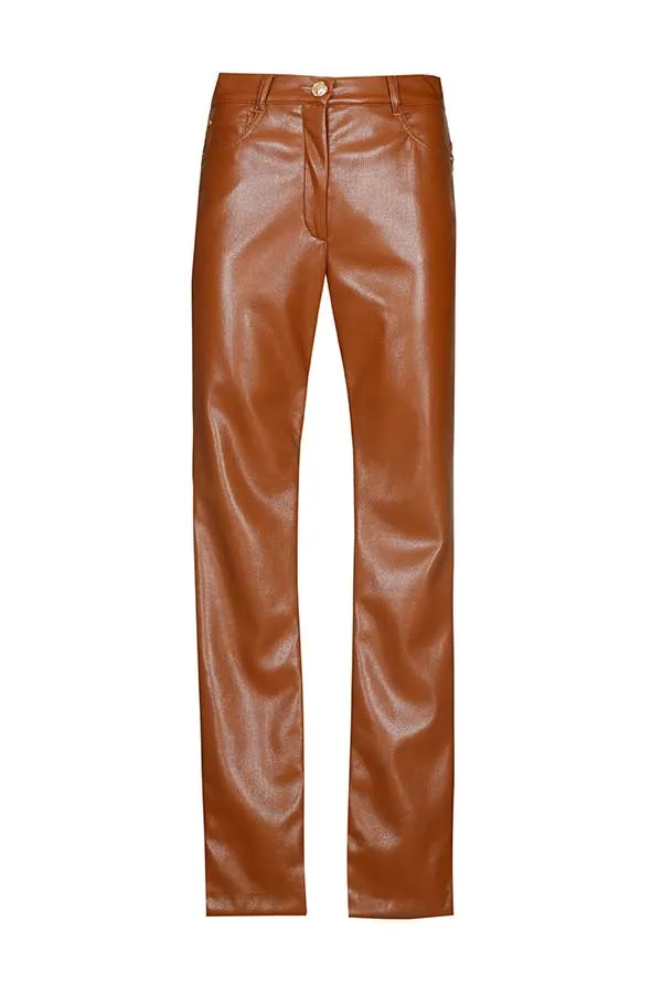 CHESTNUT FAUX LEATHER STRAIGHT TROUSERS