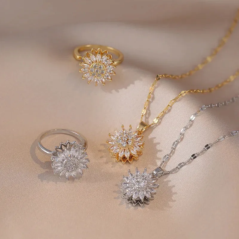 Classic Charm Sunflower Flower Stainless Steel Necklace Earrings