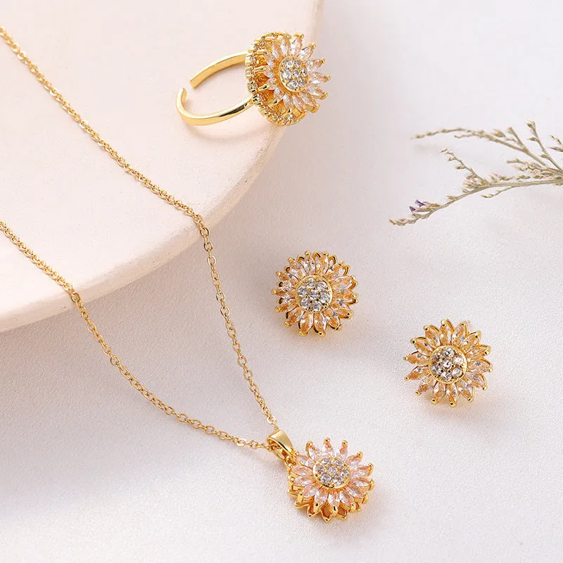 Classic Charm Sunflower Flower Stainless Steel Necklace Earrings