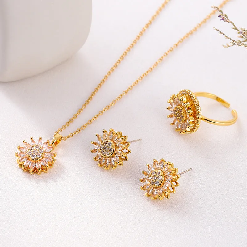 Classic Charm Sunflower Flower Stainless Steel Necklace Earrings