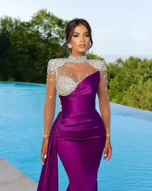 Classy Beaded Mermaid Prom Dresses Long Sleeves Pleated Evening Gowns High Neckline Sweep Train Satin Special Occasion Formal Wear