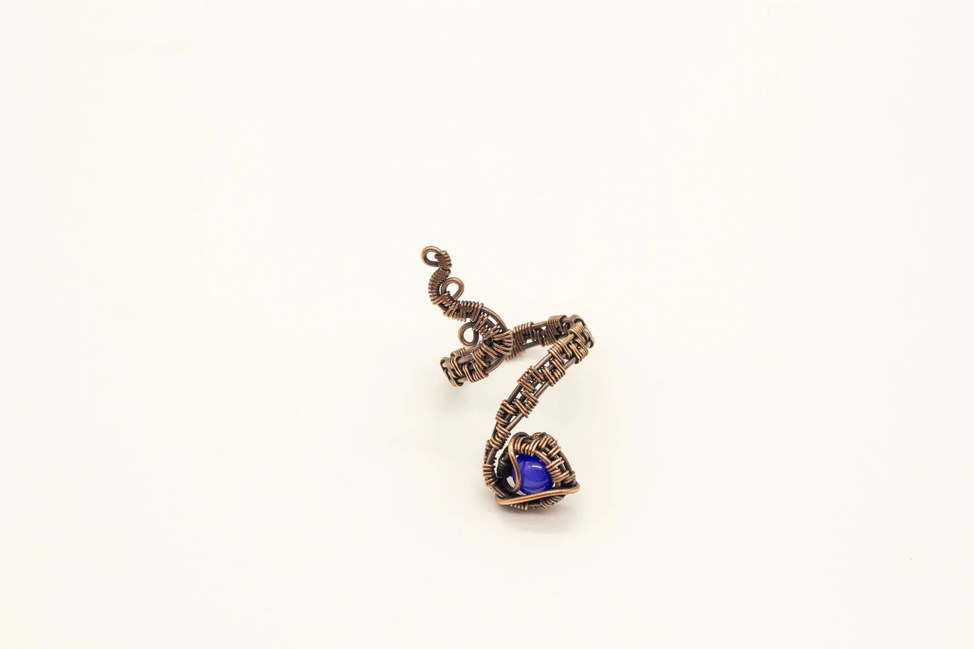 Copper Adjustable Ring with Blue Fused Glass Accent