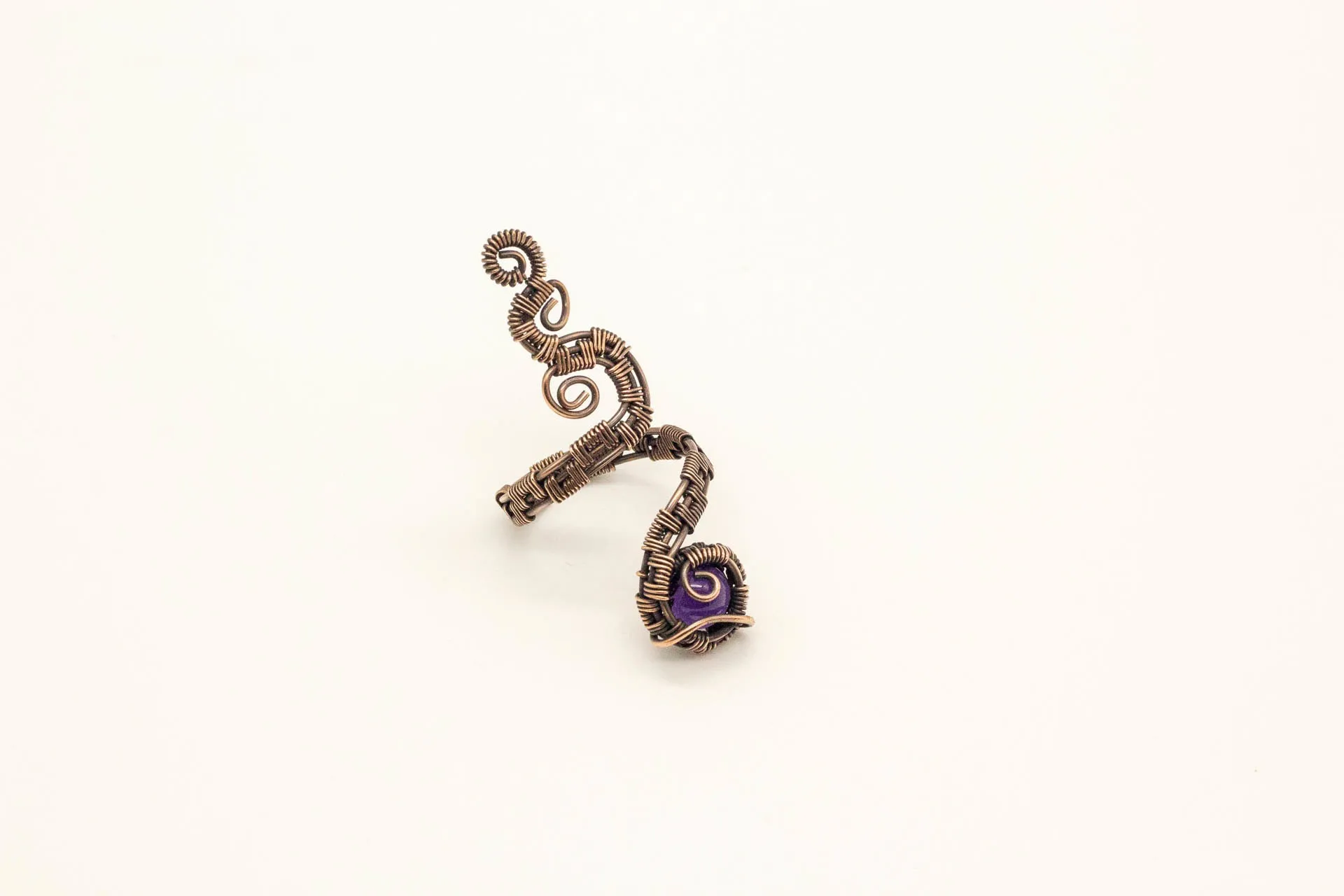 Copper Adjustable Ring with Purple Fused Glass Accent