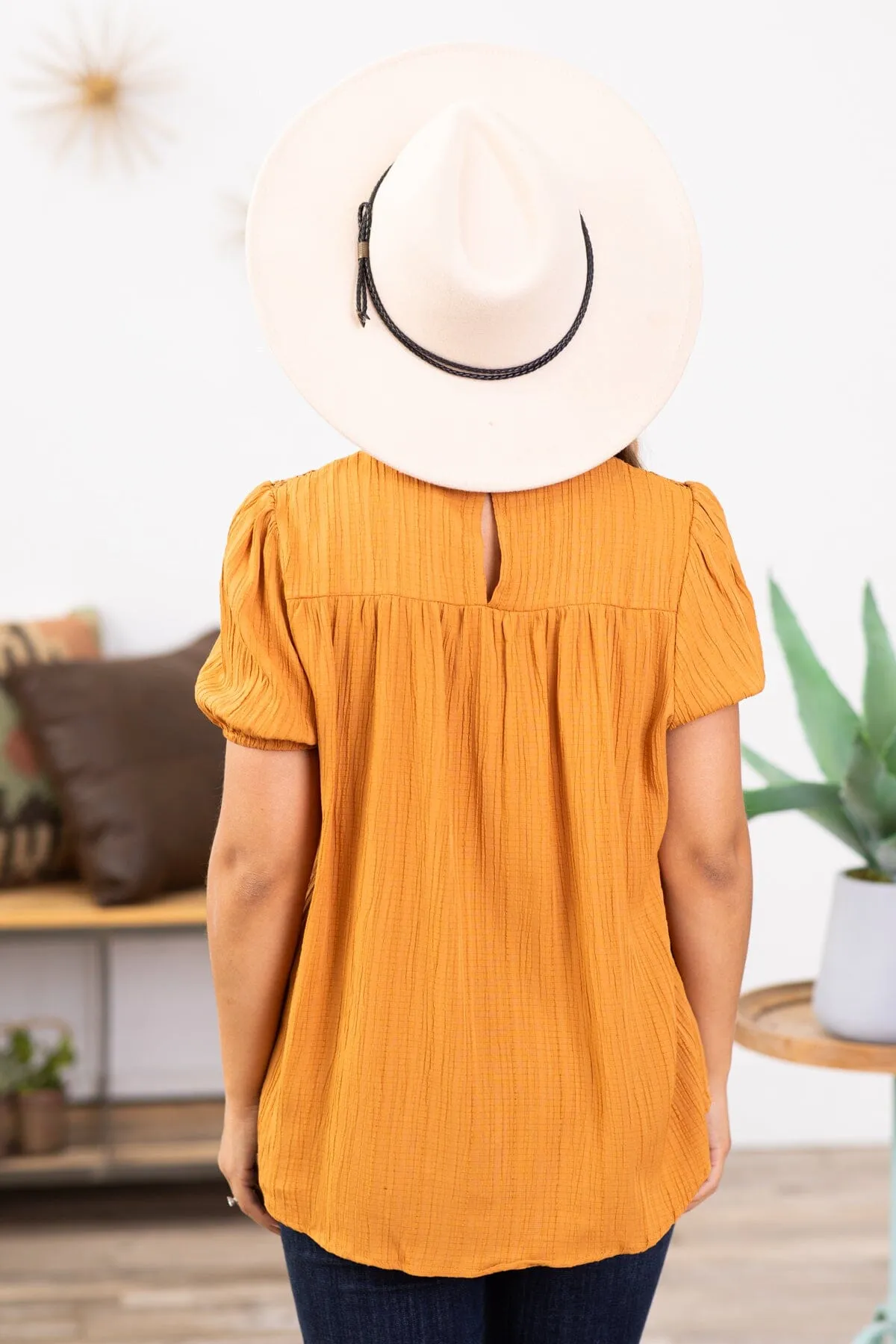 Copper Crochet Yoke Short Sleeve Top
