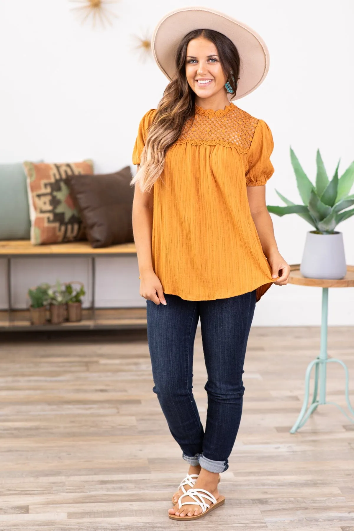 Copper Crochet Yoke Short Sleeve Top