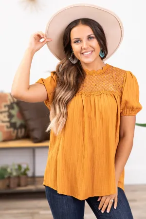 Copper Crochet Yoke Short Sleeve Top