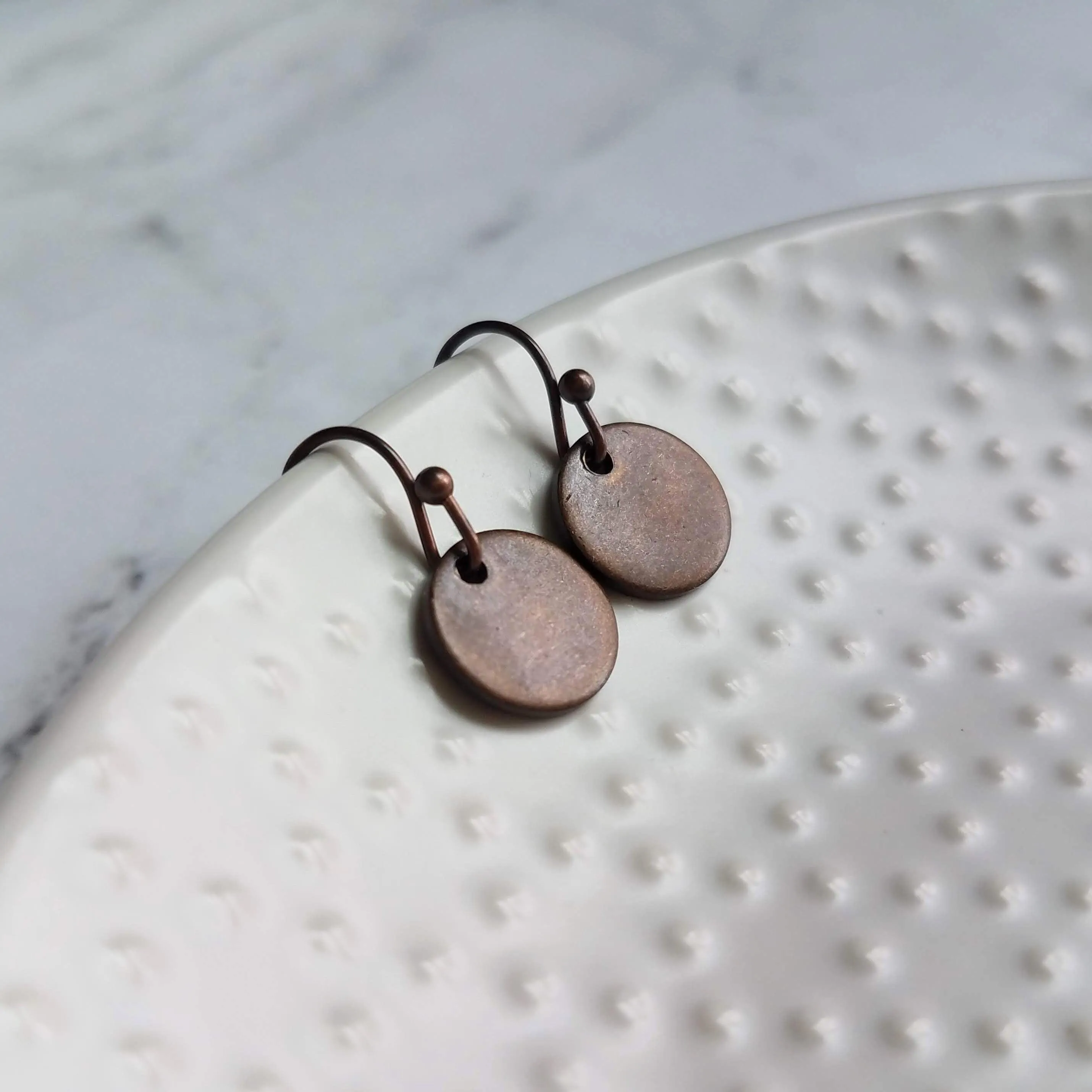 Copper Disk Earrings - small round tag, dark copper earring, antique copper disc, ONE PAIR copper earrings, tiny copper earring, 6 8 10 12mm