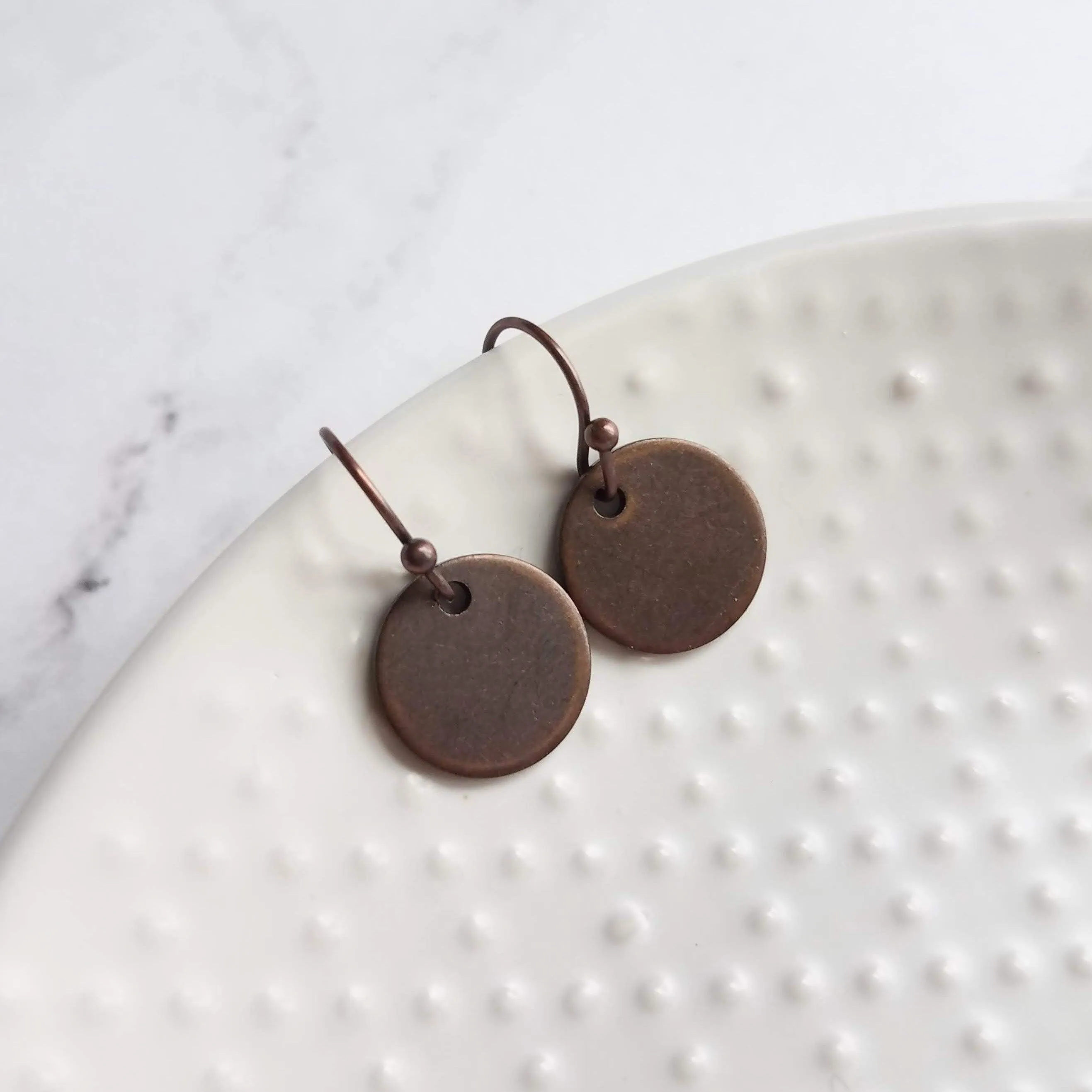 Copper Disk Earrings - small round tag, dark copper earring, antique copper disc, ONE PAIR copper earrings, tiny copper earring, 6 8 10 12mm