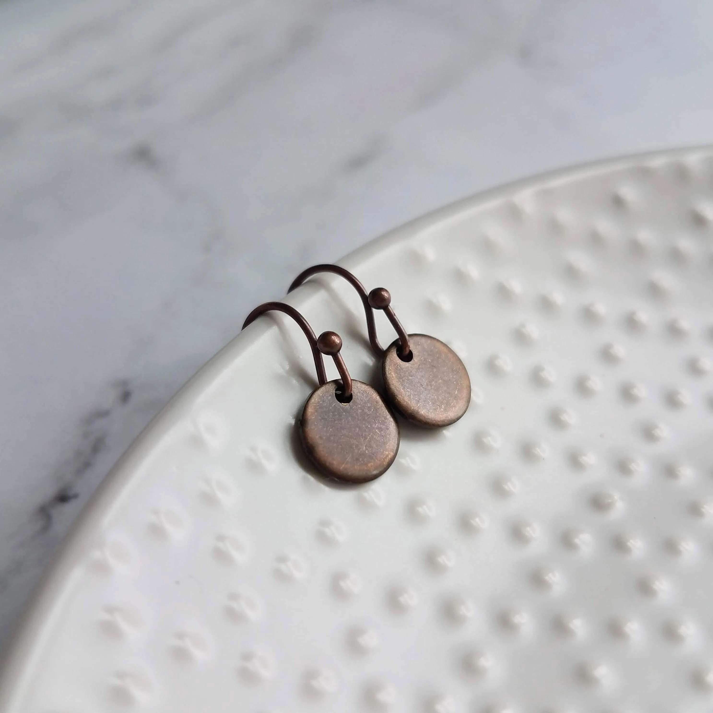 Copper Disk Earrings - small round tag, dark copper earring, antique copper disc, ONE PAIR copper earrings, tiny copper earring, 6 8 10 12mm