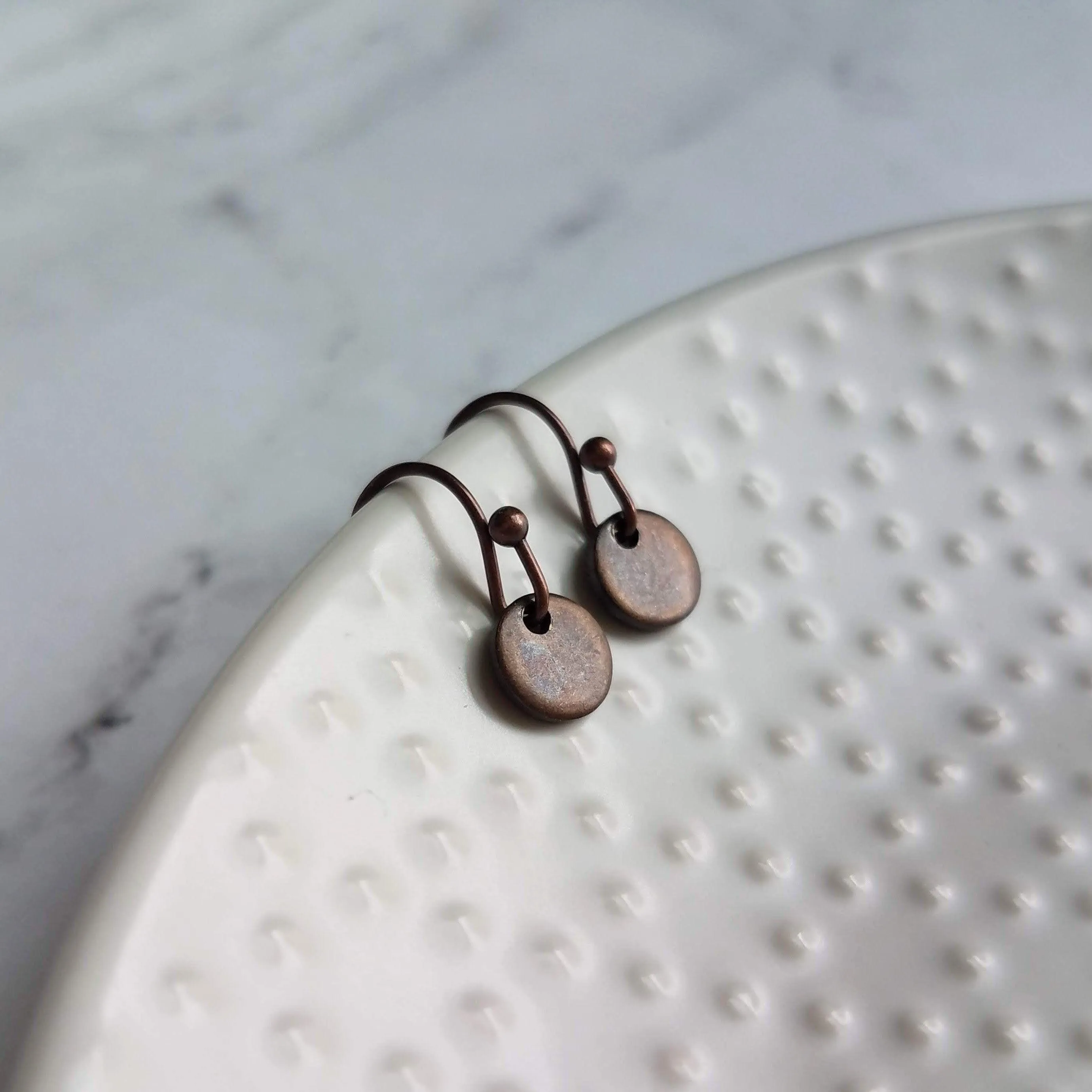 Copper Disk Earrings - small round tag, dark copper earring, antique copper disc, ONE PAIR copper earrings, tiny copper earring, 6 8 10 12mm