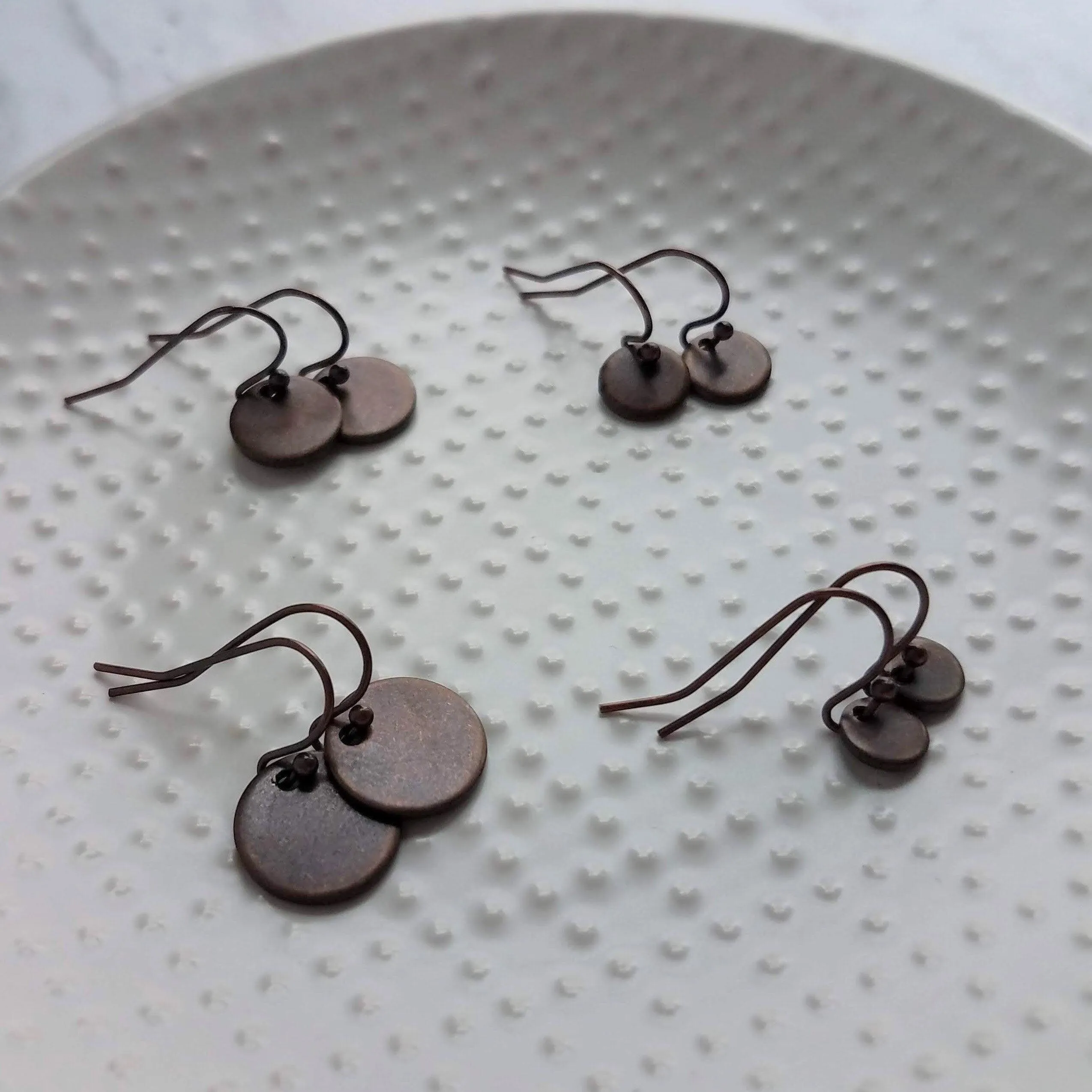 Copper Disk Earrings - small round tag, dark copper earring, antique copper disc, ONE PAIR copper earrings, tiny copper earring, 6 8 10 12mm