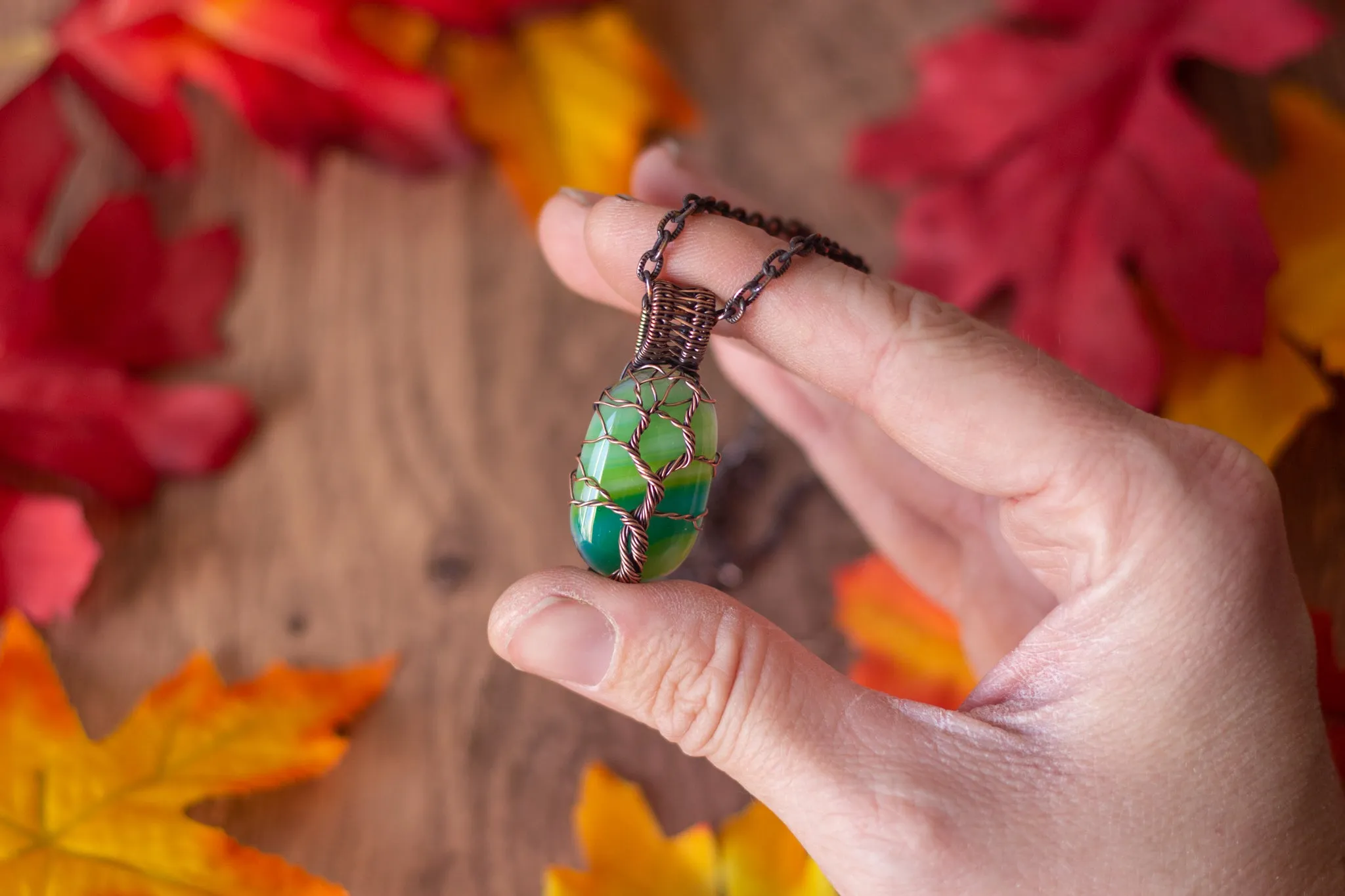 Copper Tree of Life with Streaked Green Fused Glass