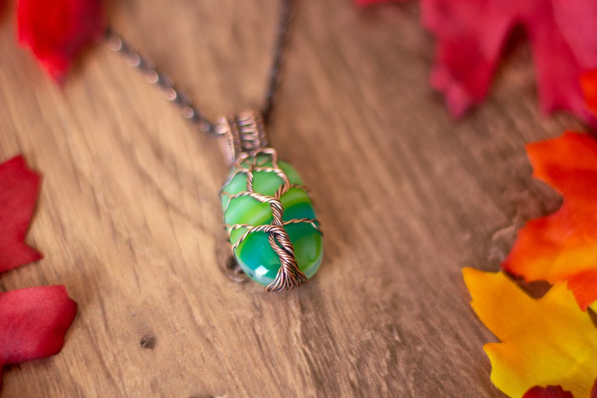 Copper Tree of Life with Streaked Green Fused Glass