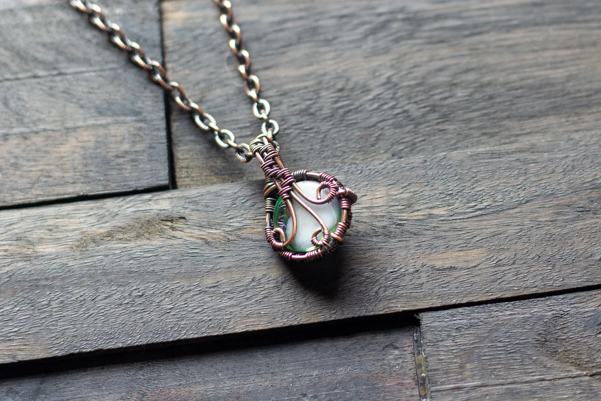 Copper Wire Mini Pendant with Blue and Green Fused Glass