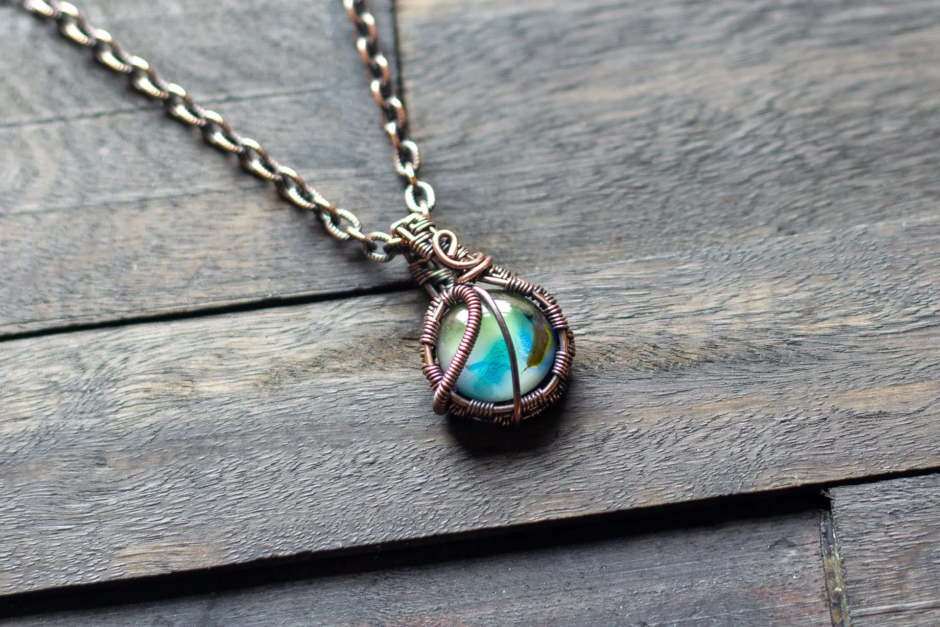 Copper Wire Mini Pendant with Blue and Green Fused Glass