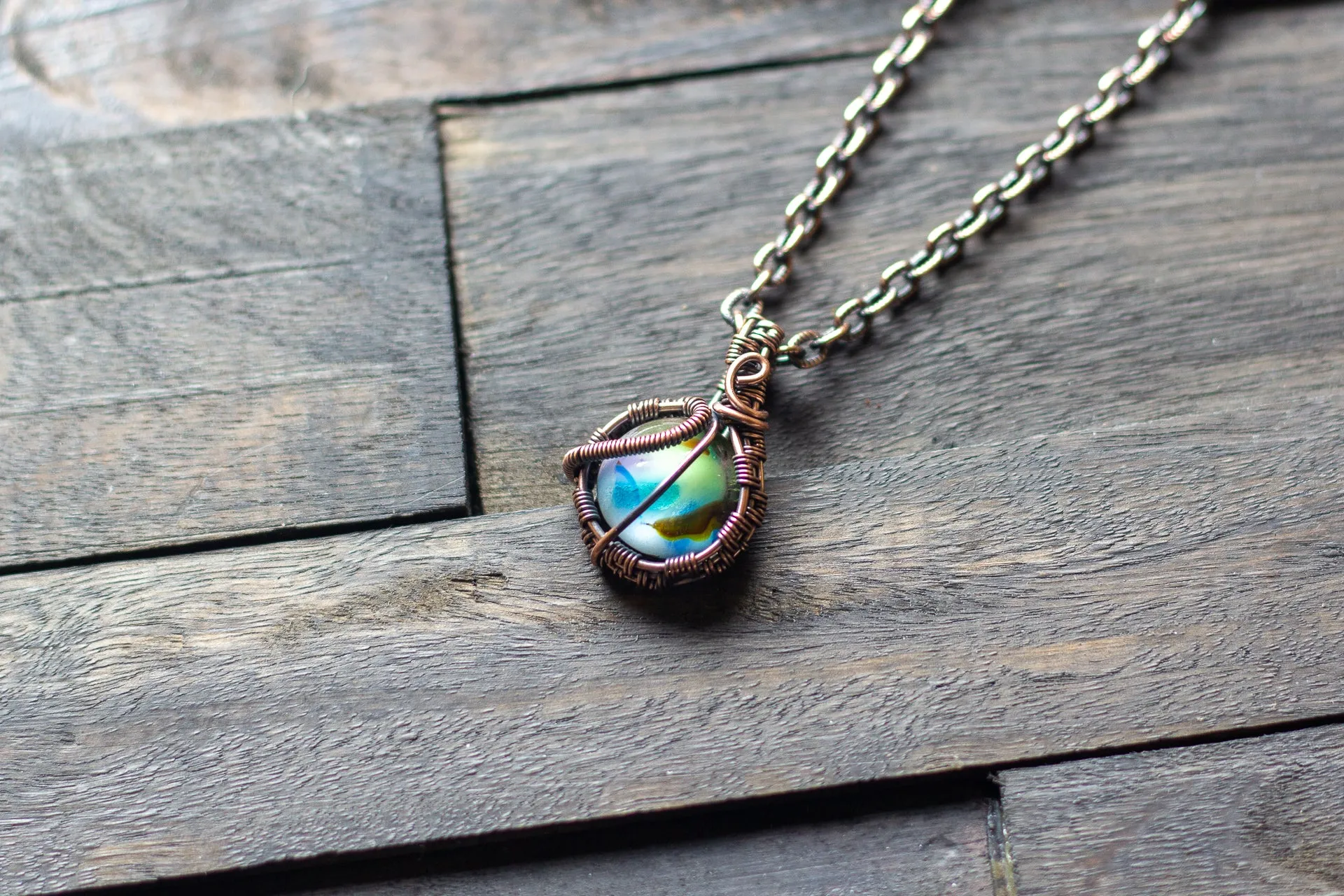 Copper Wire Mini Pendant with Blue and Green Fused Glass
