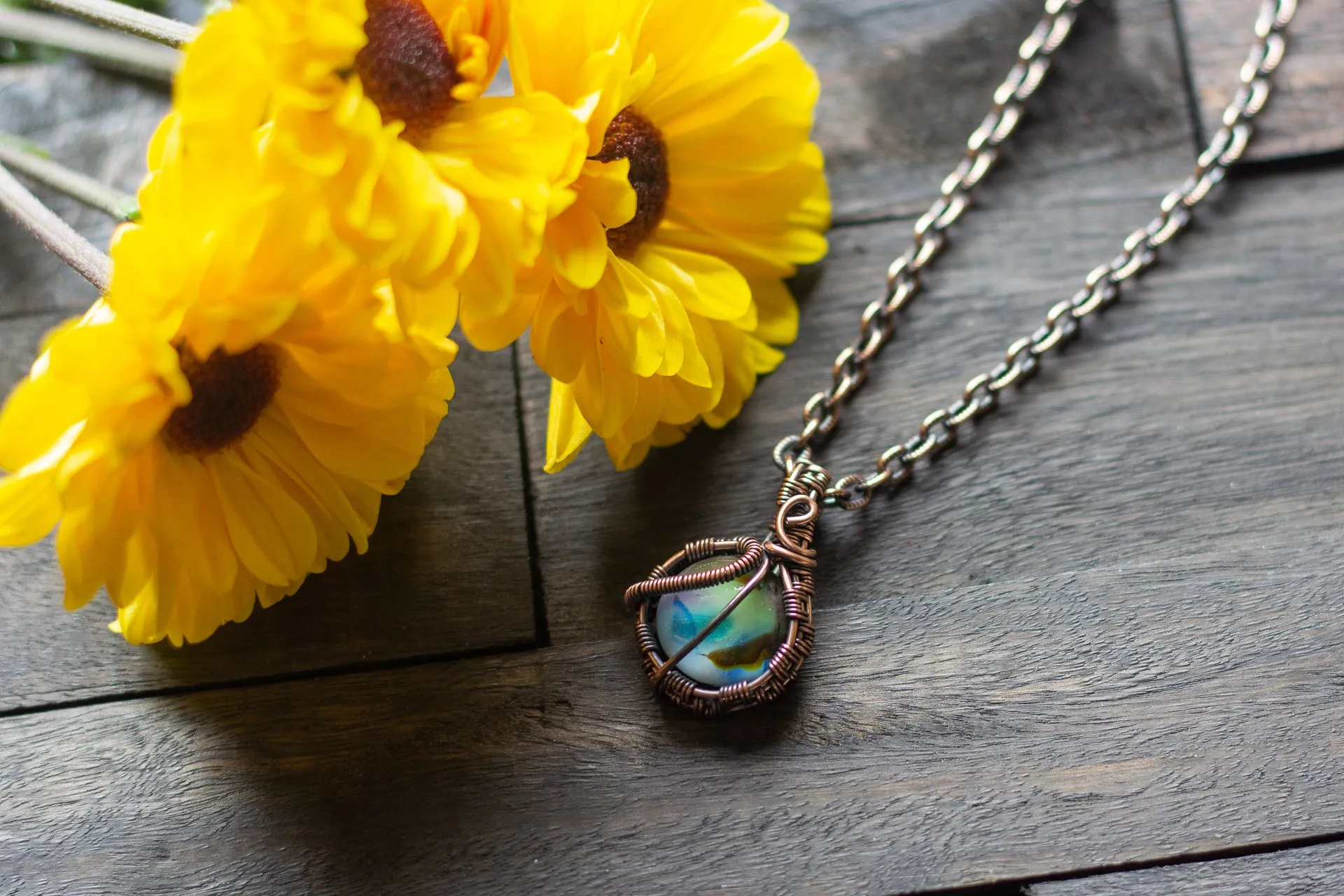 Copper Wire Mini Pendant with Blue and Green Fused Glass