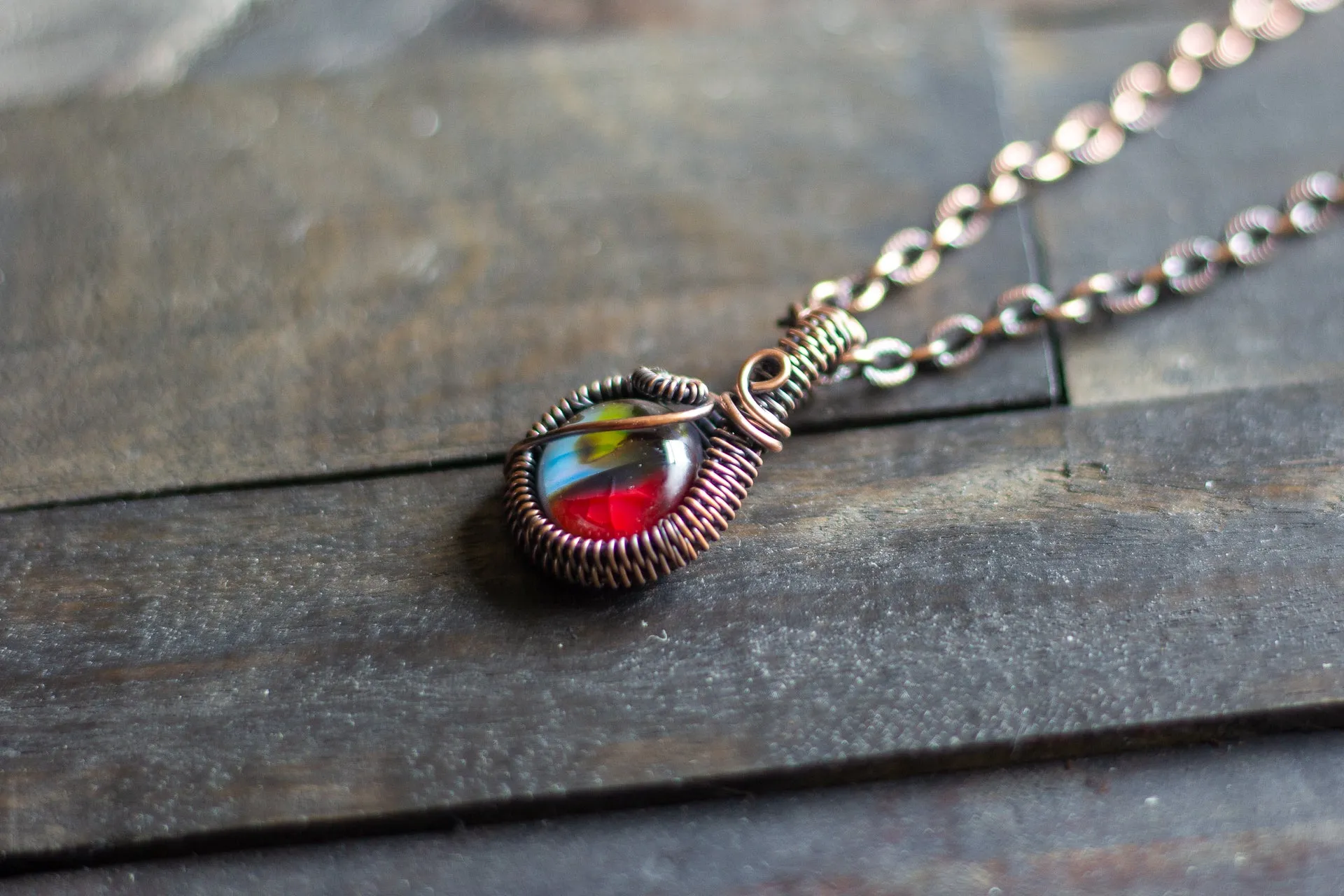 Copper Wire Mini Pendant with Red and Yellow Fused Glass