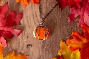 Copper Wire Pumpkin Pendant with Orange Fused Glass