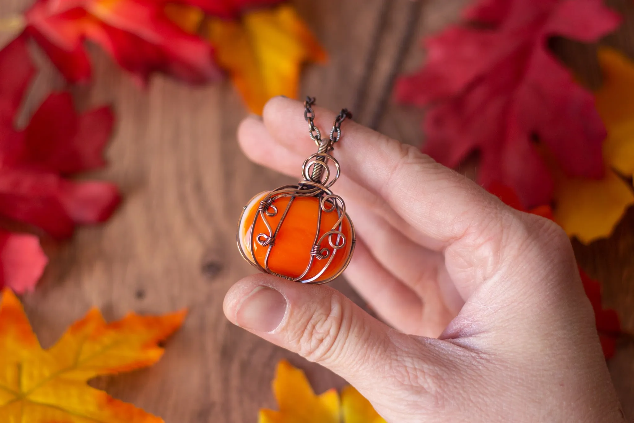Copper Wire Pumpkin Pendant with Orange Fused Glass