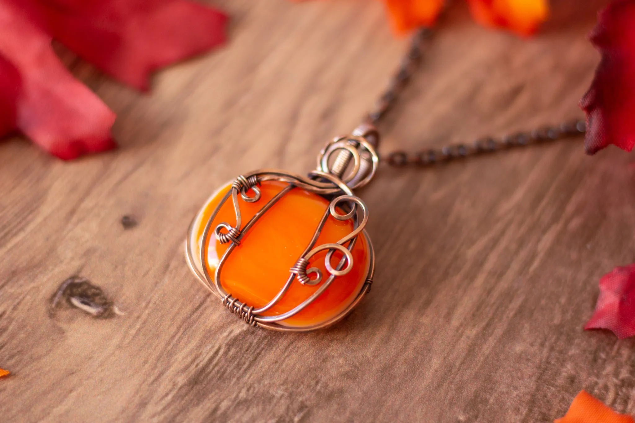 Copper Wire Pumpkin Pendant with Orange Fused Glass