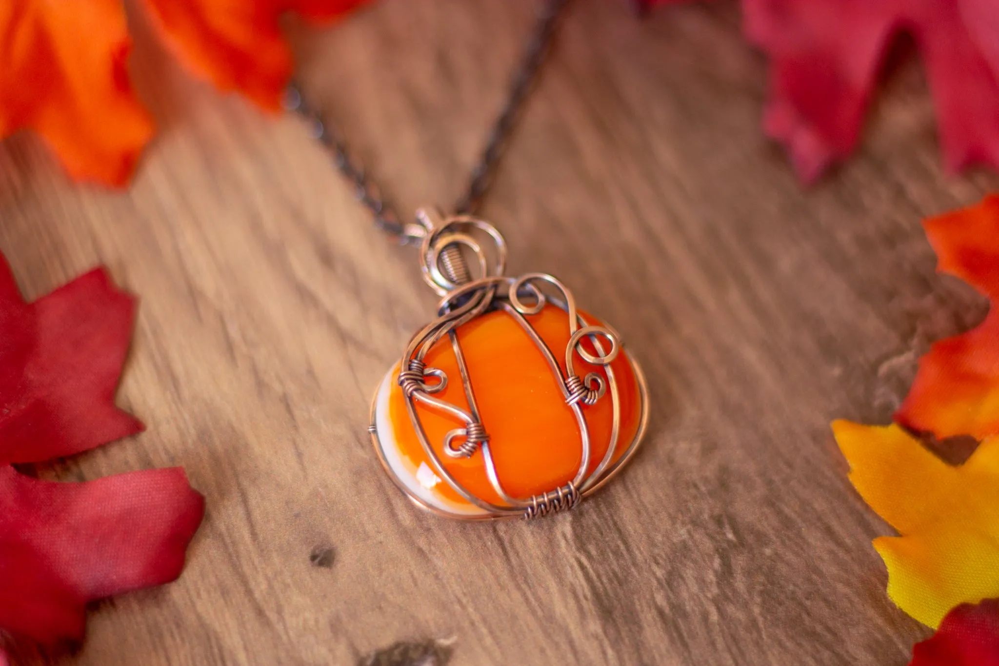 Copper Wire Pumpkin Pendant with Orange Fused Glass