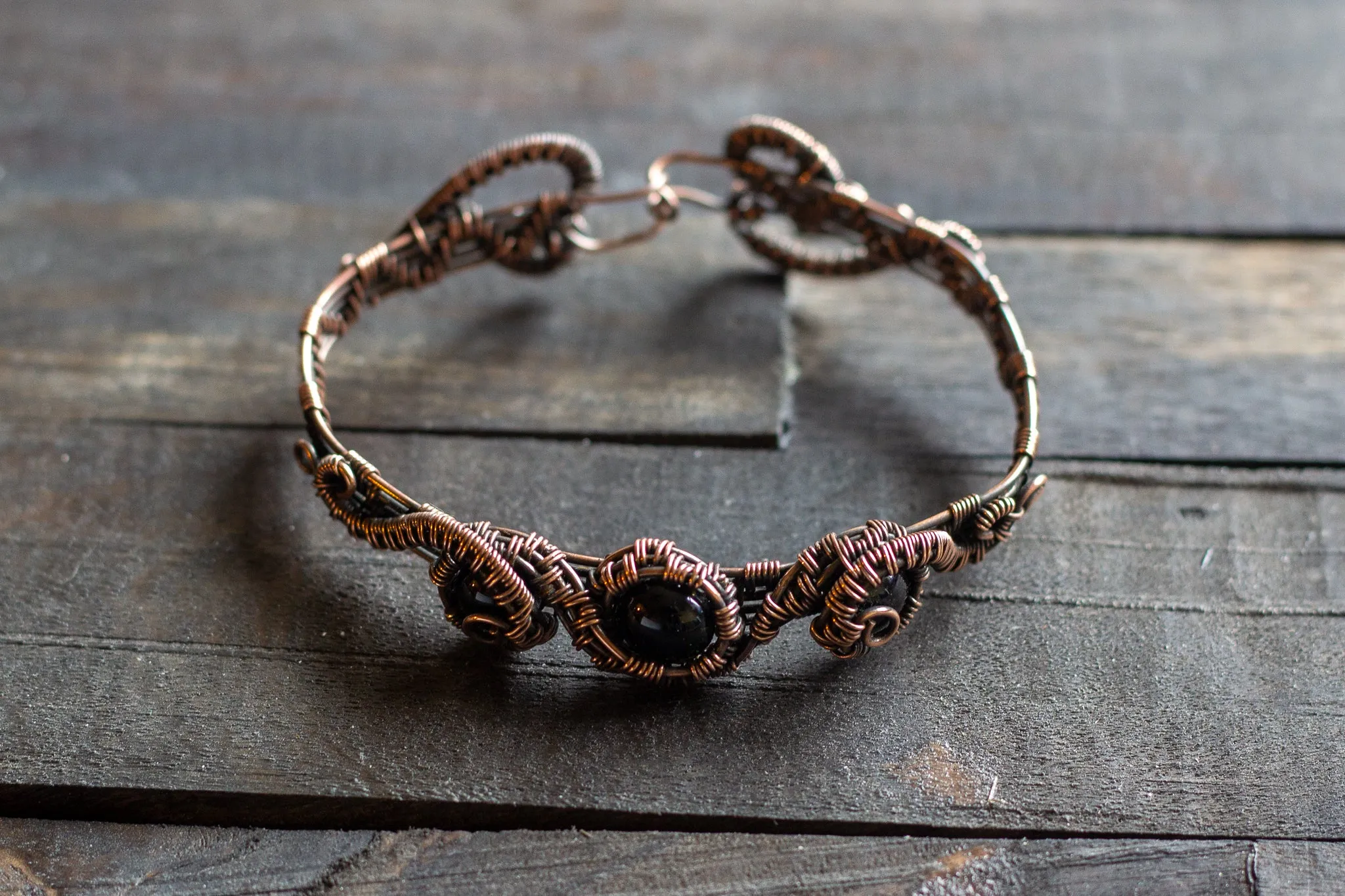 Copper Wire Wrapped Bracelet with Black Fused Glass Accents
