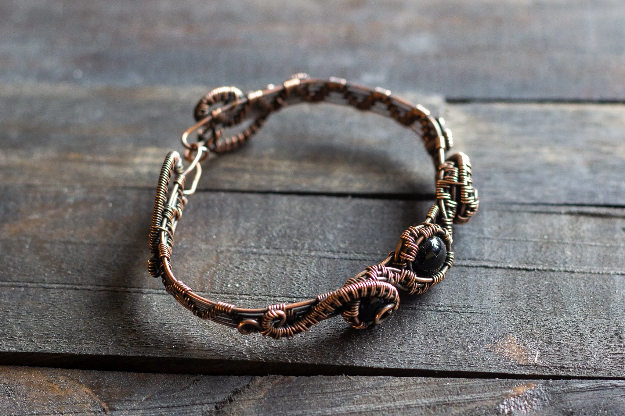 Copper Wire Wrapped Bracelet with Black Fused Glass Accents