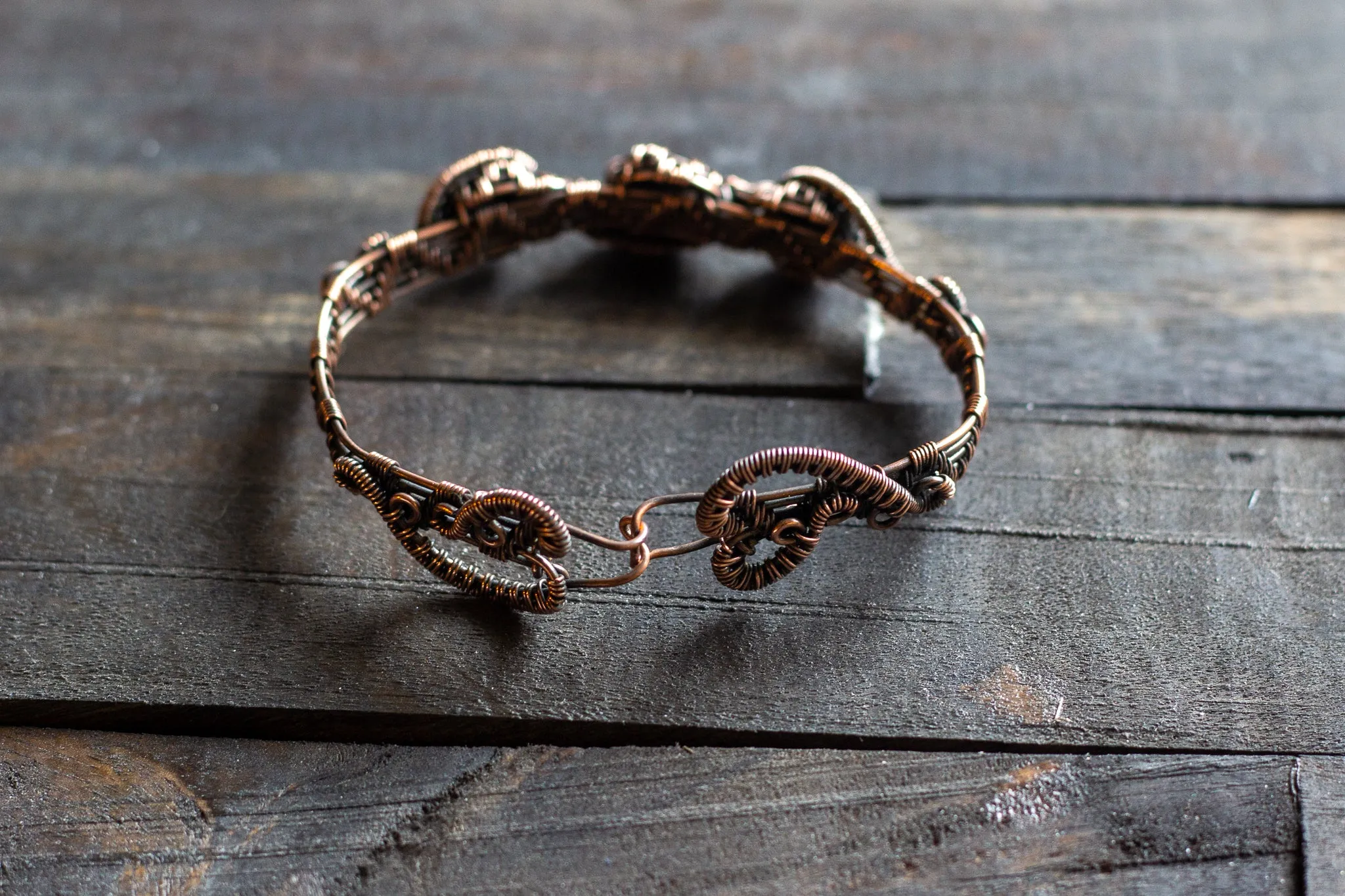 Copper Wire Wrapped Bracelet with Black Fused Glass Accents