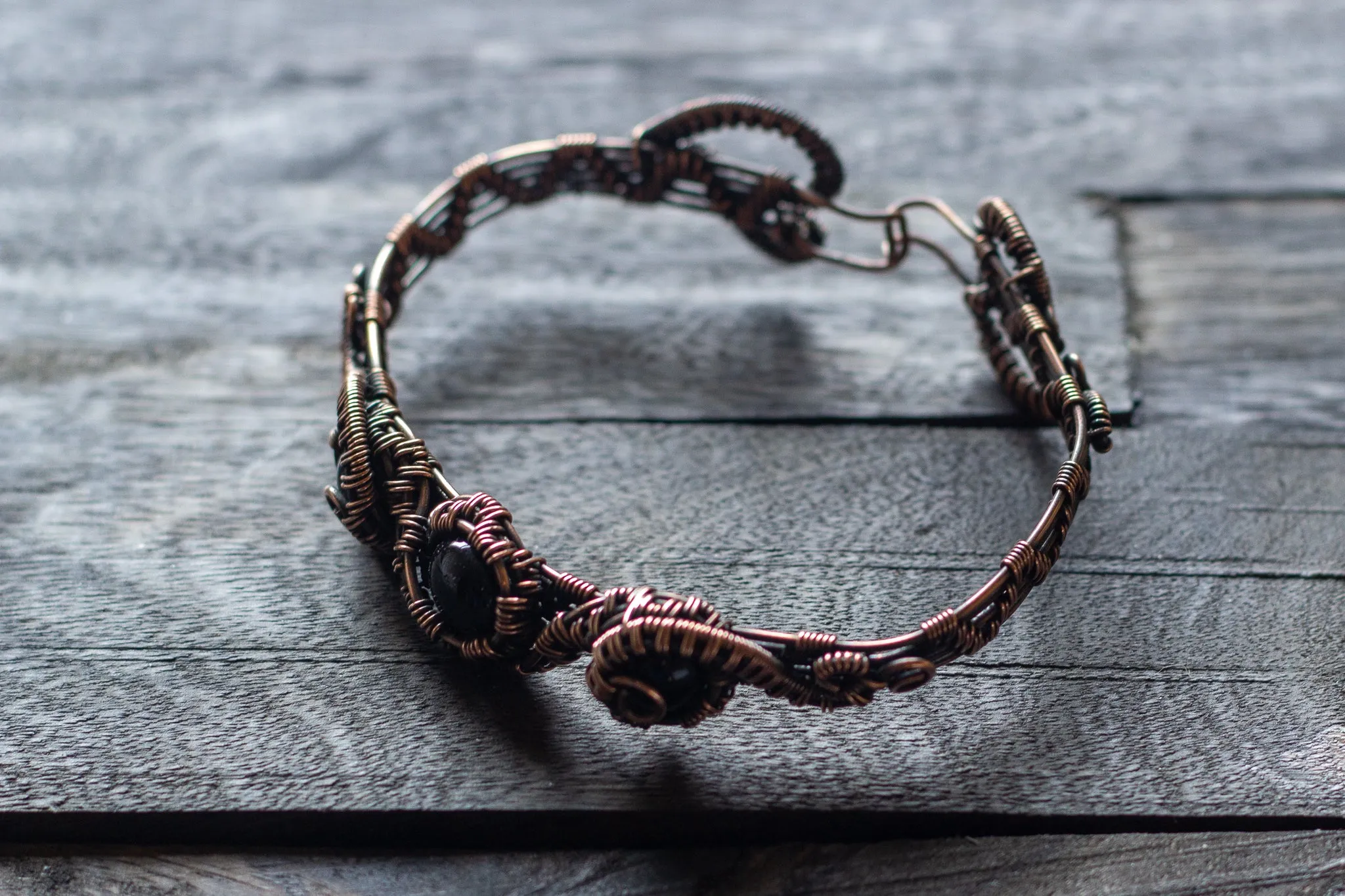 Copper Wire Wrapped Bracelet with Black Fused Glass Accents