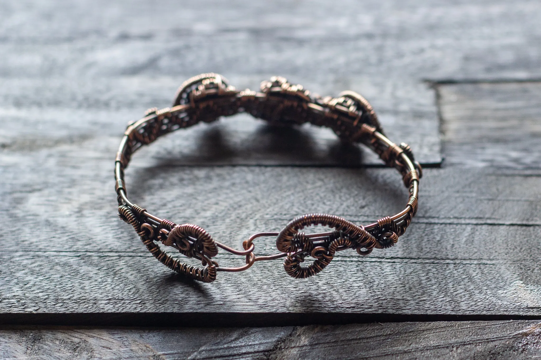 Copper Wire Wrapped Bracelet with Black Fused Glass Accents
