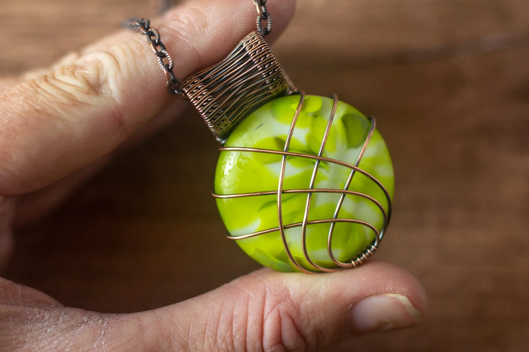 Copper Wire Wrapped Pendant with Green and White Fused Glass