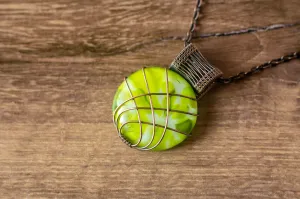 Copper Wire Wrapped Pendant with Green and White Fused Glass