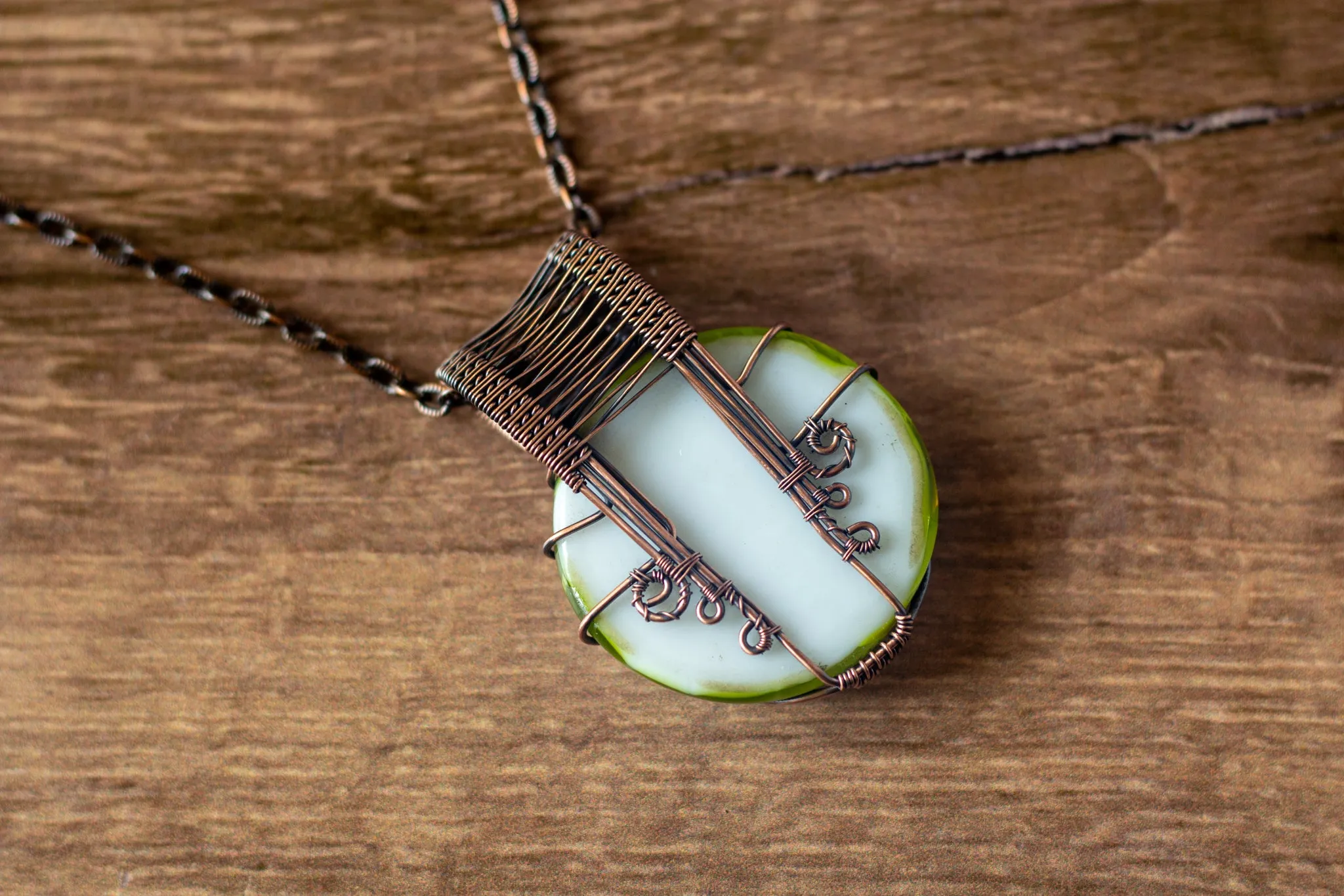 Copper Wire Wrapped Pendant with Green and White Fused Glass