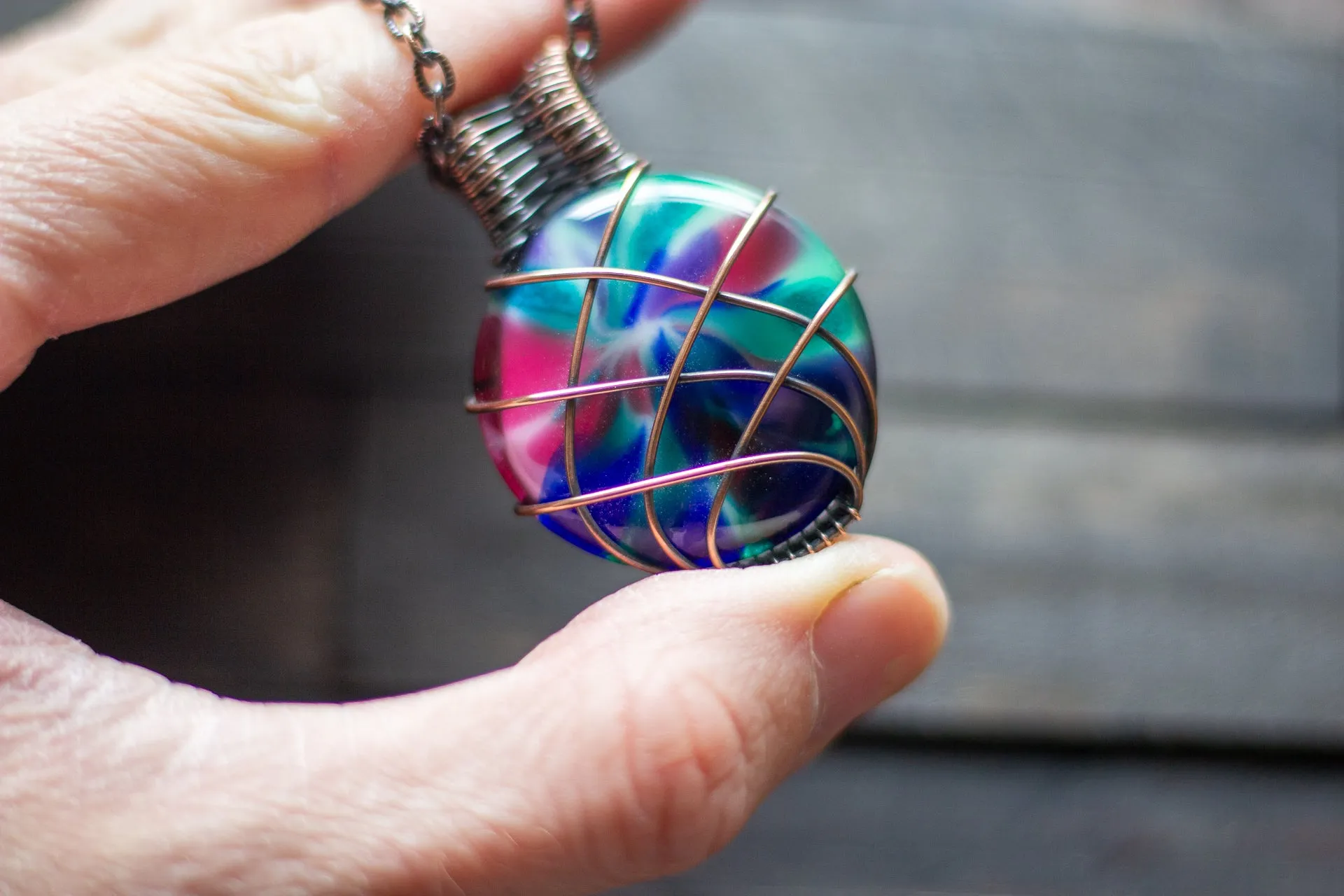 Copper Wire Wrapped Pendant with Multicolored Fused Glass Cabochon