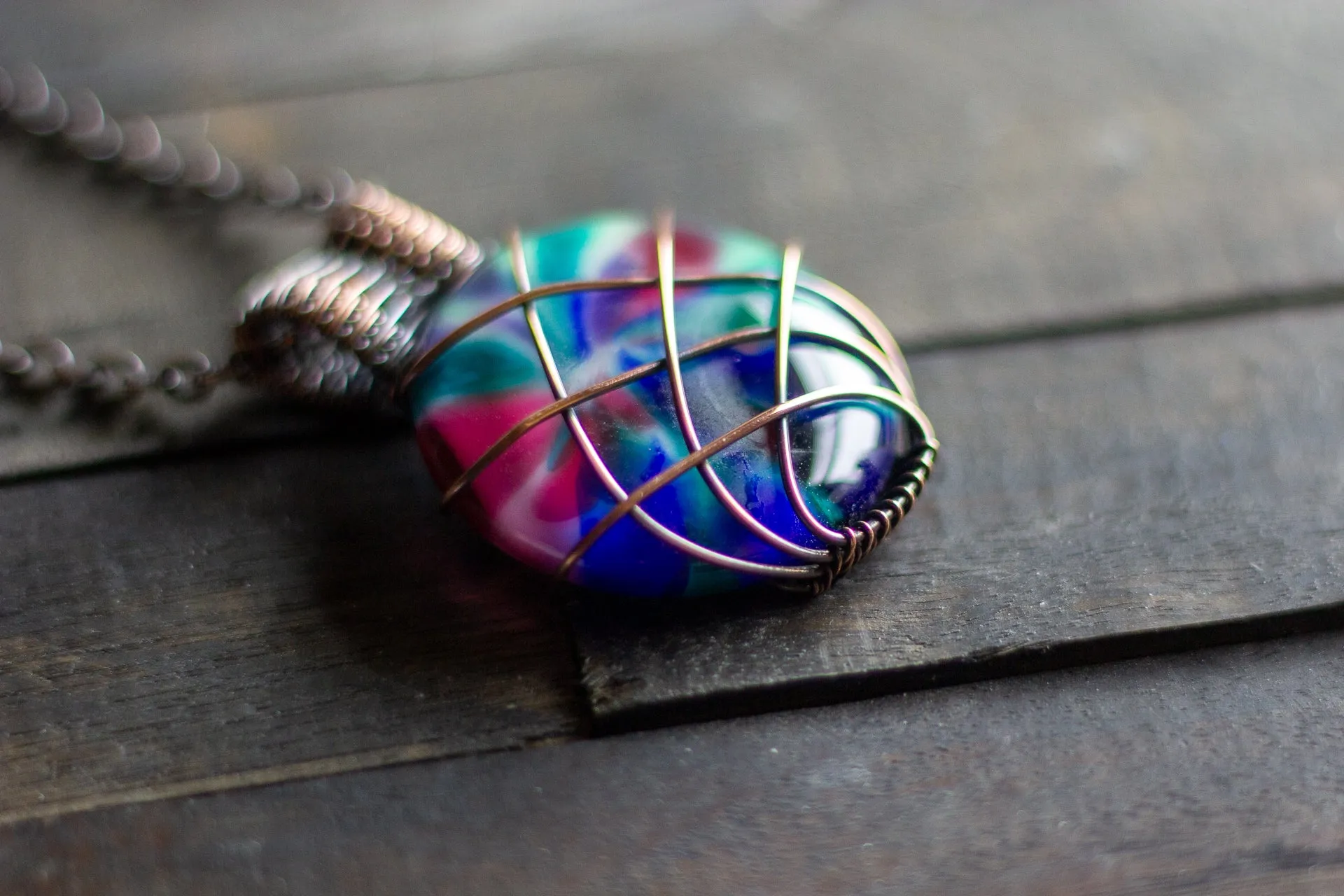 Copper Wire Wrapped Pendant with Multicolored Fused Glass Cabochon