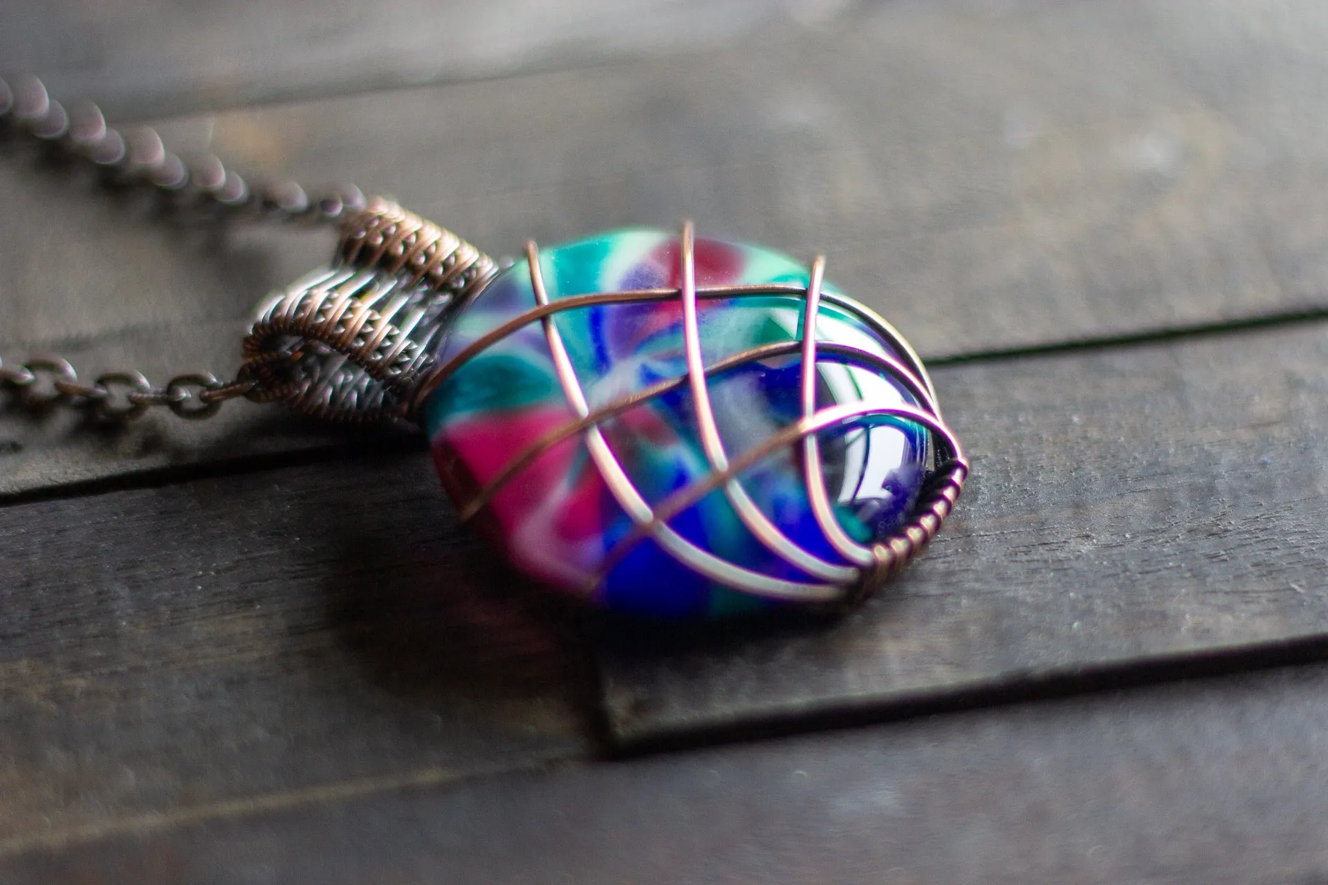 Copper Wire Wrapped Pendant with Multicolored Fused Glass Cabochon